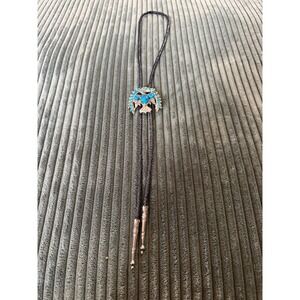 Mens Western Bolo Tie‎ Silver Tone Turquoise Thunderbird Style